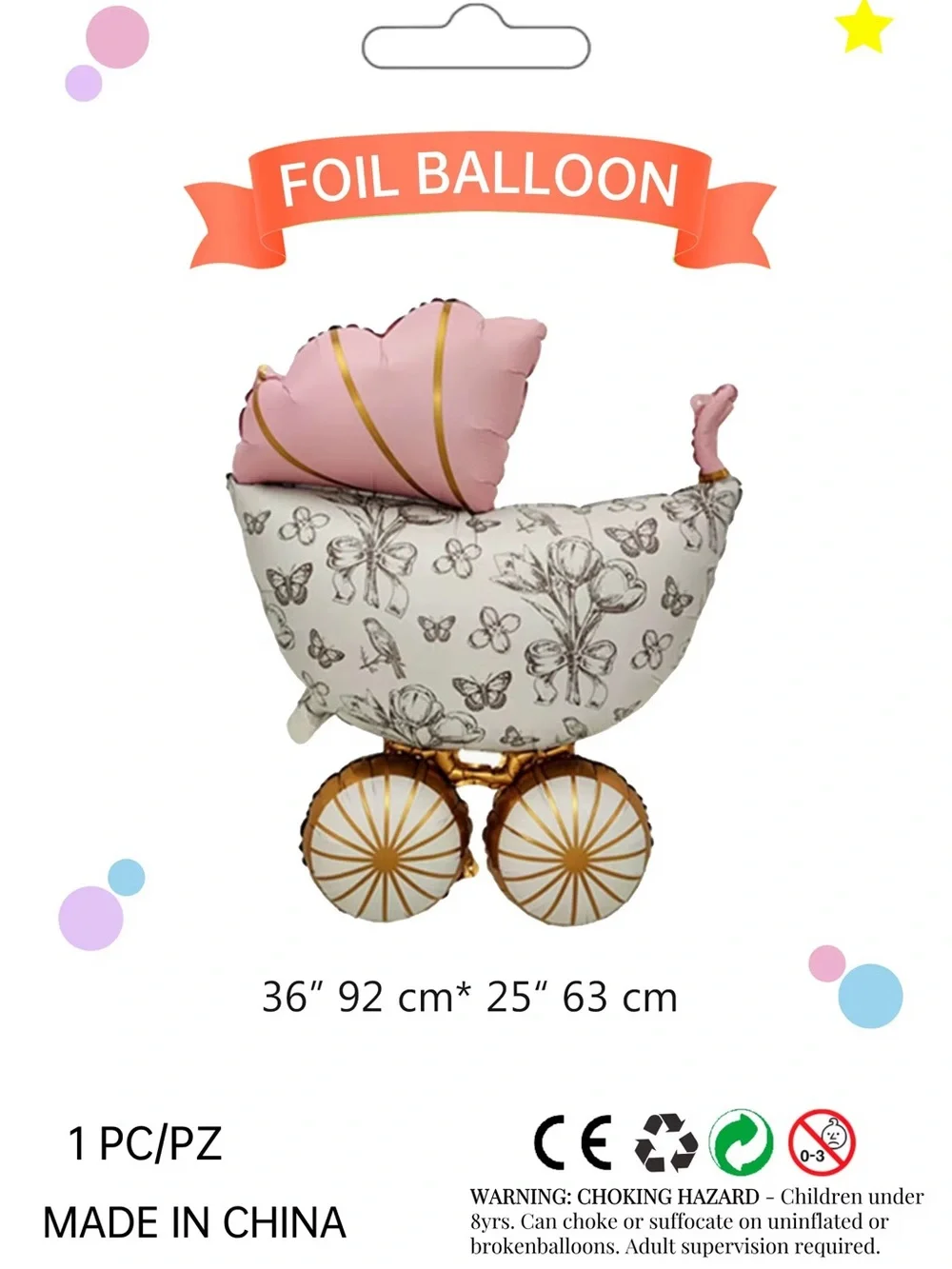 Baby Shower Balloon Bouquet - Pink & White Carriage 5Set 36“